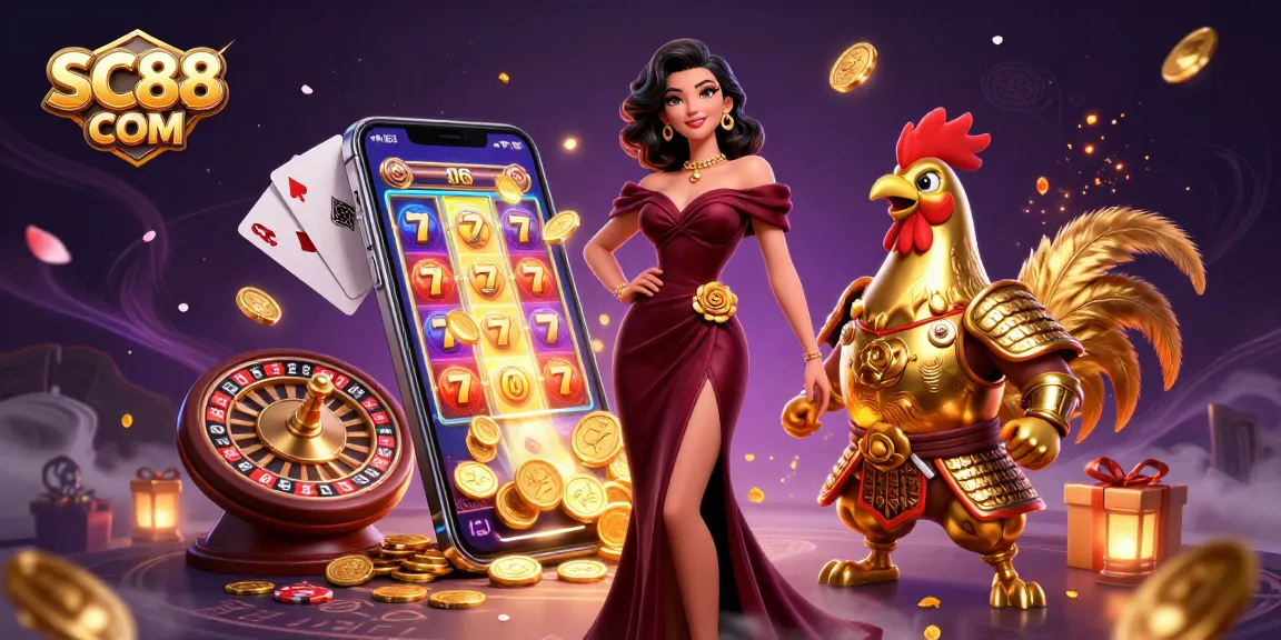 Engage in thrilling casino action with SC88 COM; a glamorous scene of casino games and characters.