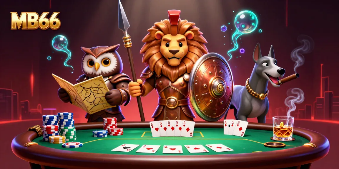 Engage with MB66 on a vibrant poker scene featuring characters in a thrilling 3D digital illustration.