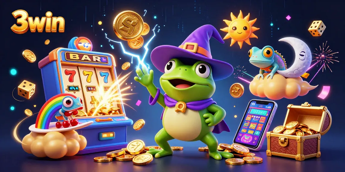 Engage with 3win's vibrant casino scene showcasing golden coins, a slot machine, and lively characters.