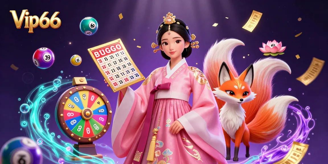 Experience the dynamic excitement of Vip66 as an Asian woman in hanbok interacts with lottery elements.