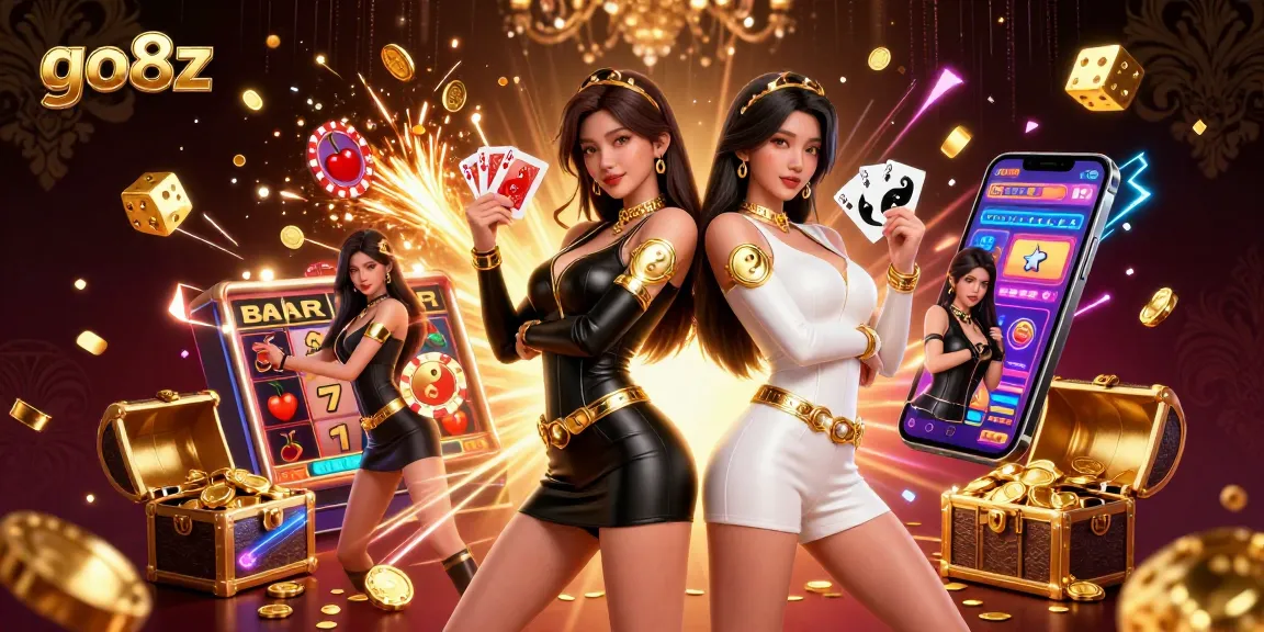 Play exciting games at go8z, featuring twin Asian women with playing cards and a jackpot explosion of coins.