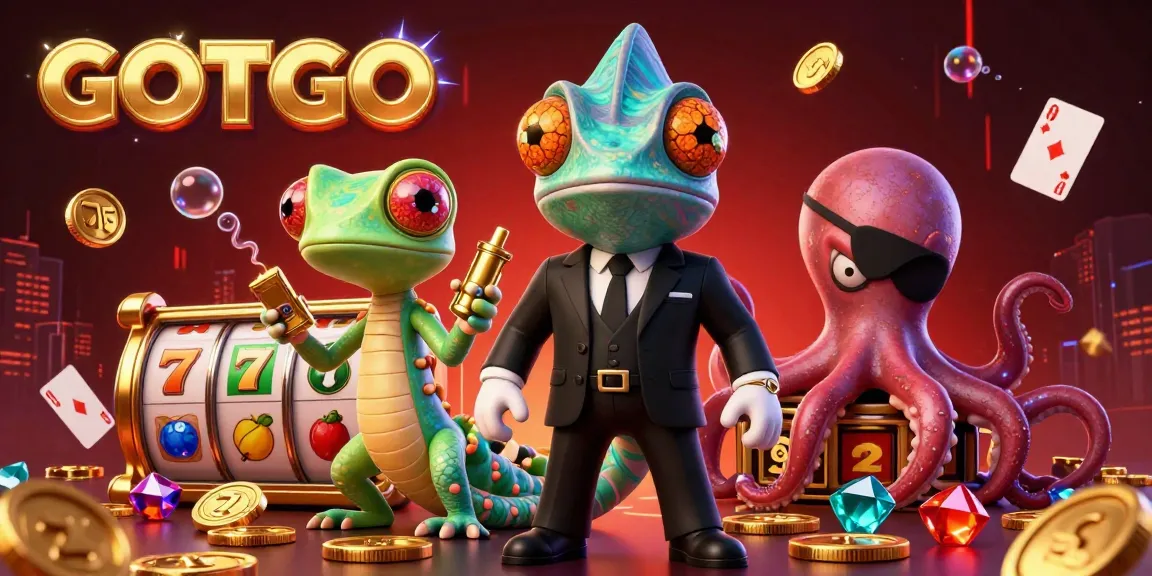 GOTOTO slot scene menampilkan seekor bunglon, tokek, dan gurita di tengah elemen permainan yang berwarna-warni.