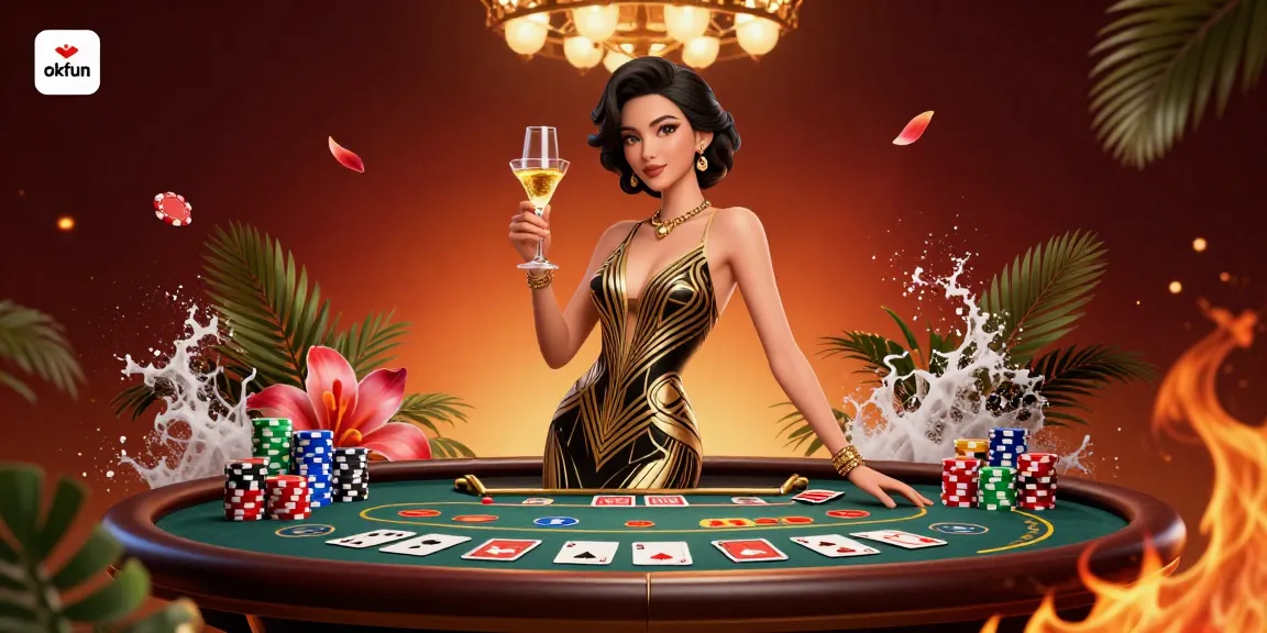 Experience thrilling gameplay at okfun with a glamorous Asian woman enjoying a sophisticated casino scene.