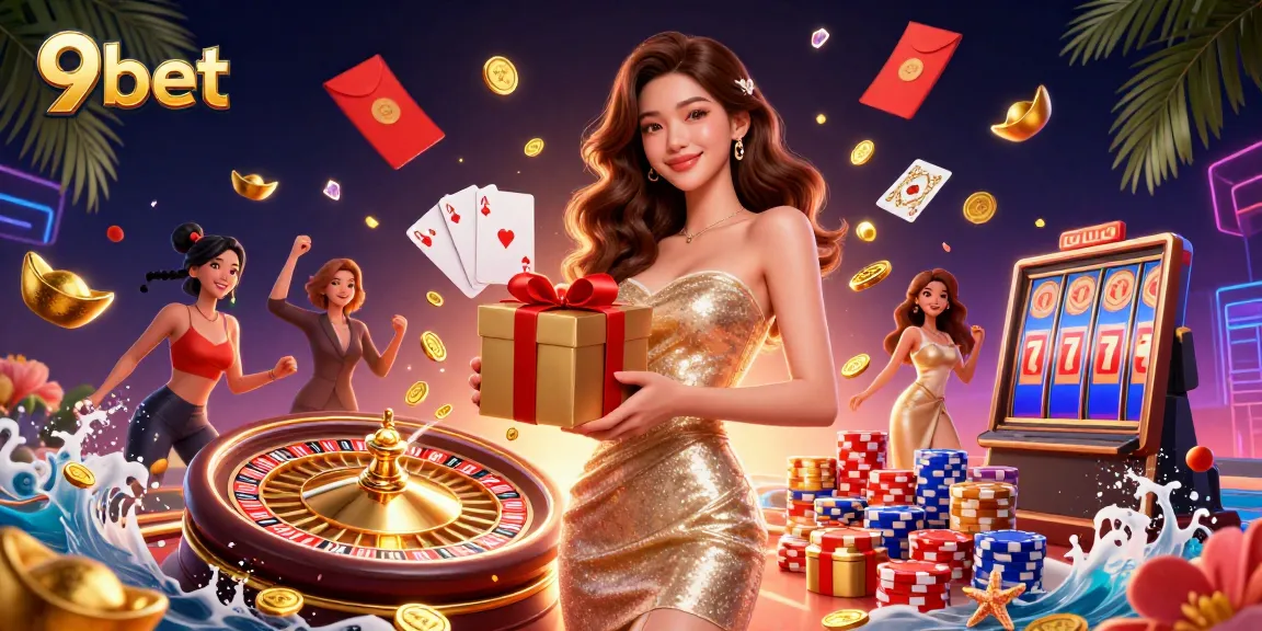 Place your bets and win big with 9bet while enjoying floating gold coins and festive casino elements.