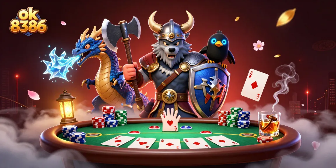 Engage with the exciting world of ok 8386 where a Viking wolf warrior, fierce dragon, and poker elements create a thrilling scene.