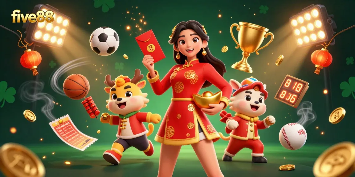 Celebrate five88 with vibrant Lunar New Year illustration, showcasing sports betting excitement and festive elements.