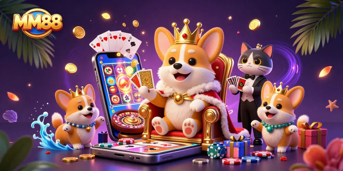 MM88 highlights winning strategy with vibrant 3D elements of slots and poker chips.