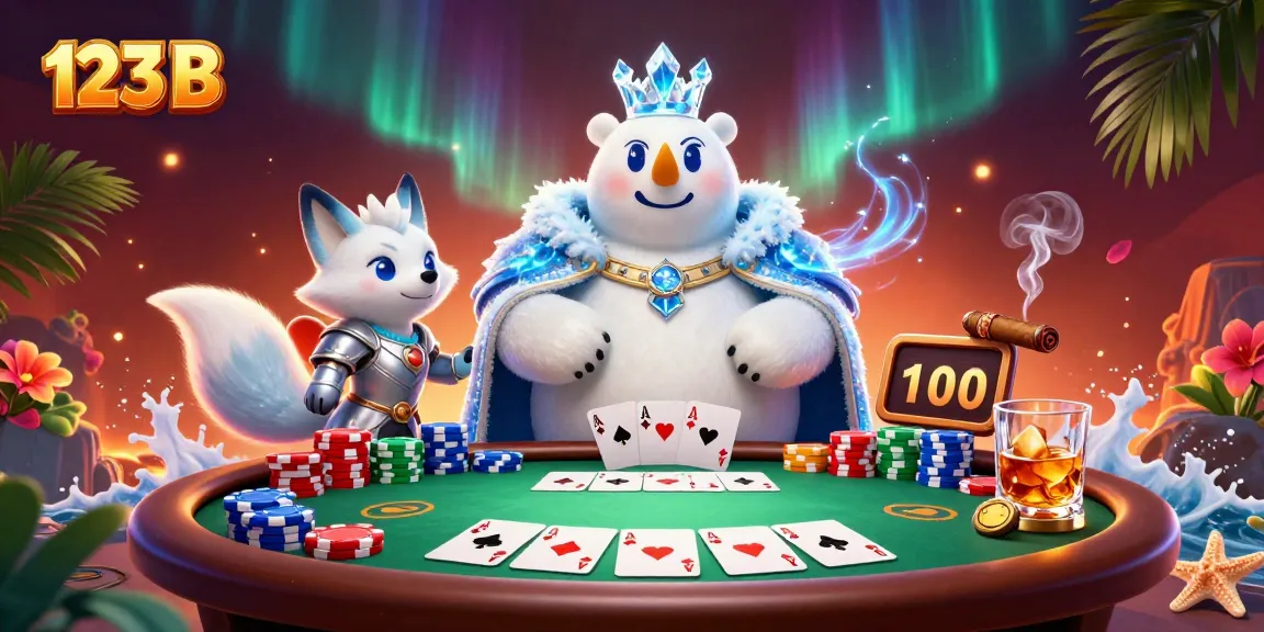 Experience dynamic poker action at 123 B with cartoon characters engaging around colorful chips and cards.