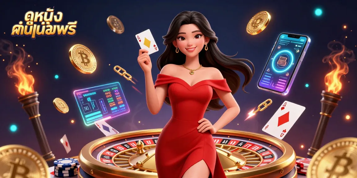 Play golden cards while enjoying ดูหนังออนไลน์ฟรี with a glamorous Asian woman in a casino.