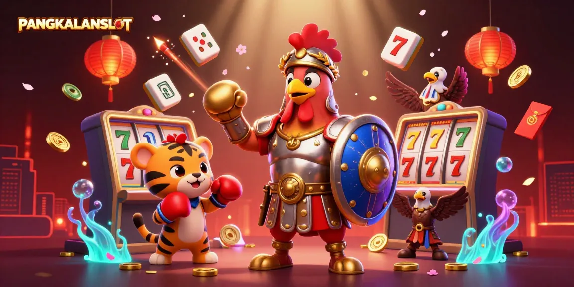 PANGKALANSLOT platform showcases a lively casino scene with roosters, exciting games, and vibrant visuals.