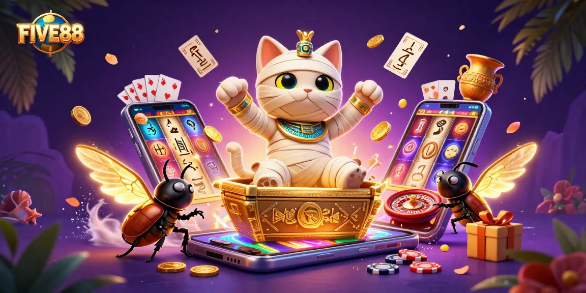 Engage with FIVE88's vibrant 3D casino scene featuring a mummy cat and treasure.