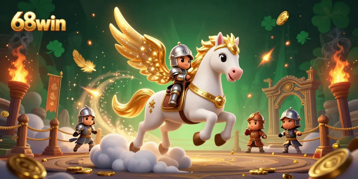 Experience the thrill of 68win as a celestial knight rides a golden-winged horse in an action-packed casino scene.
