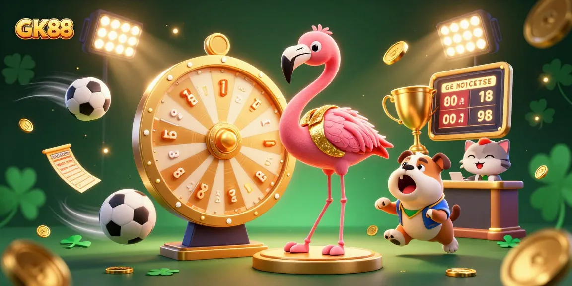 Engage with GK88 casino excitement as a flamingo host spins a prize wheel alongside contestants.