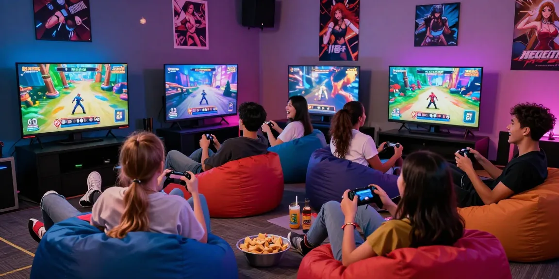 Engaged gamers enjoying free hentai game in a lively lounge setting.