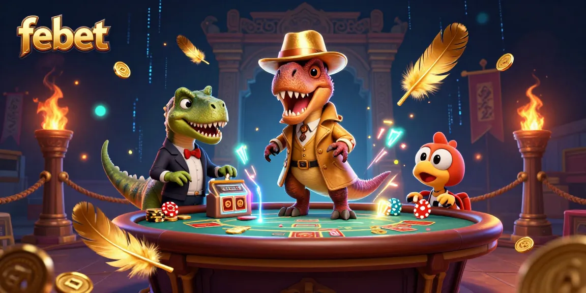 Place bets at febet while a velociraptor card counter is eyed by a pit boss at a casino.