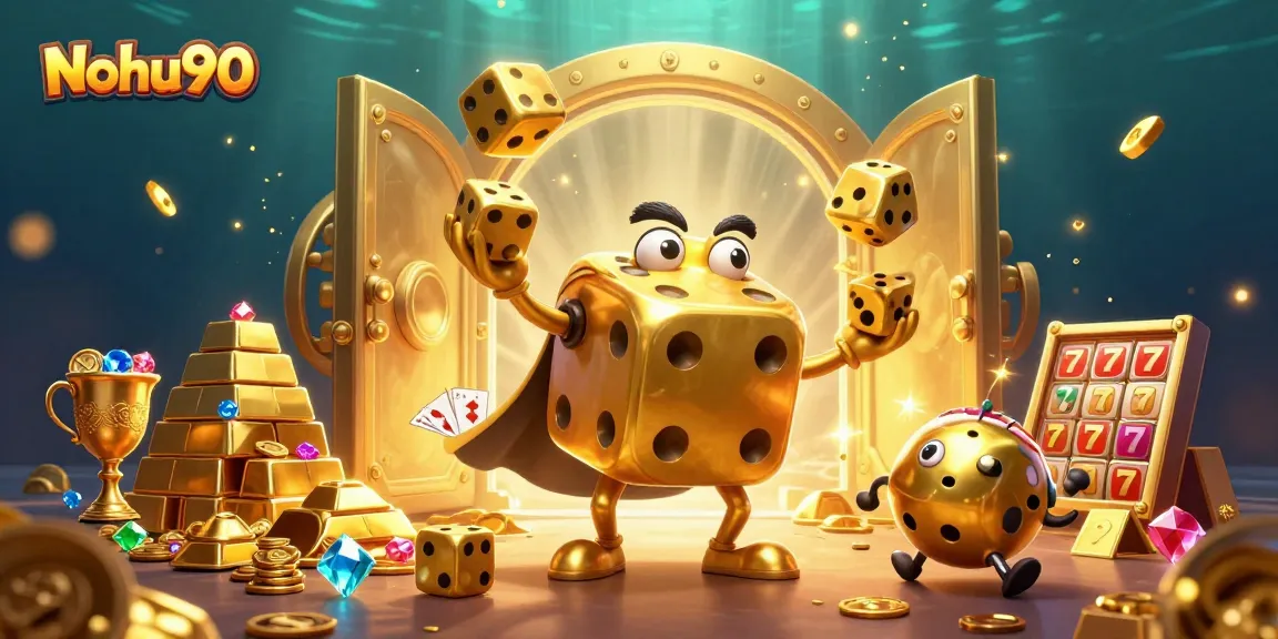 Nohu90 showcases vibrant casino adventures with dynamic golden dice characters amidst treasure, enhancing your gaming experience.