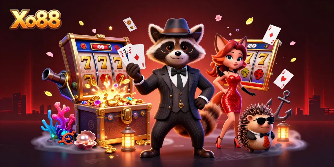 Xo88 features a vibrant 3D illustration showing a suave raccoon, a fox lady, and a hedgehog bouncer at a slot jackpot scene.