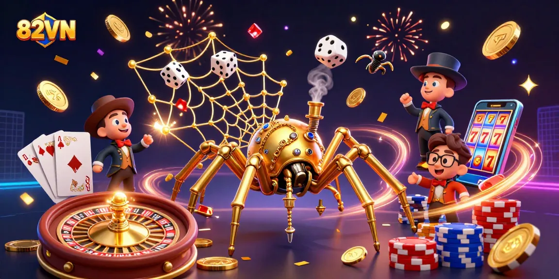 Engage with 82VN's thrilling casino experience featuring a steampunk spider and fly gentleman amid vibrant gaming elements.