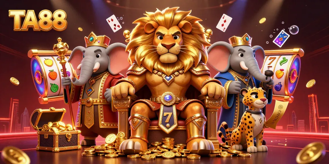 TA88 casino scene with a lion king, elephant advisor, and cheetah messenger, surrounded by slot reels.