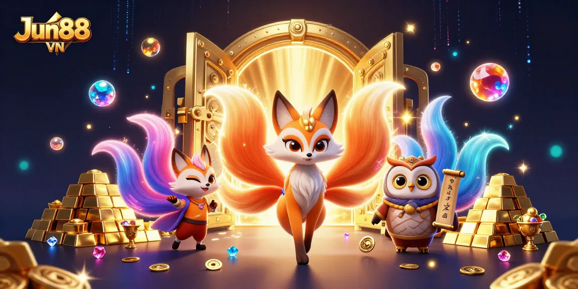 Experience thrilling wins with Jun88 VN, featuring vibrant 3D casino artwork full of lucky symbols.