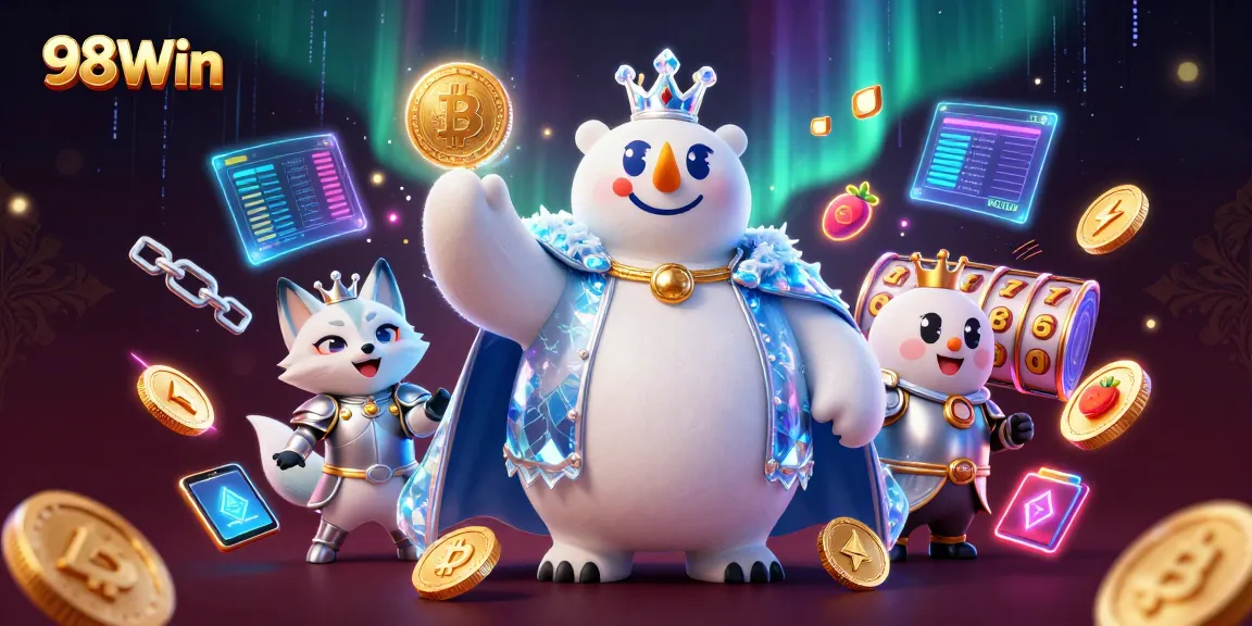 Spin at 98Win's vibrant slots featuring the ice king bear and treasure-filled penguins in a dazzling casino scene.