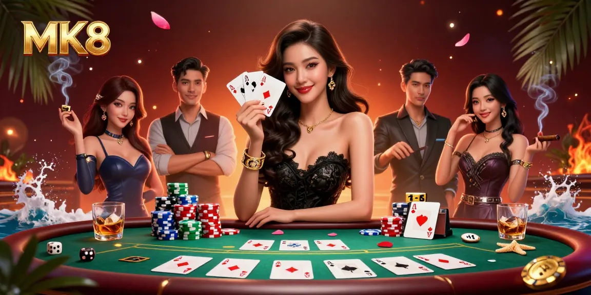 Experience thrilling MK8 action with a stylish Asian woman holding ace cards in a luxurious casino setting.