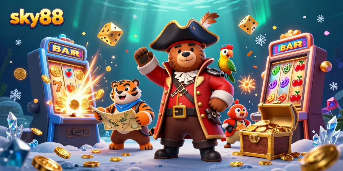 Experience thrilling jackpot wins at sky88 as cartoon characters celebrate amidst vibrant casino elements.