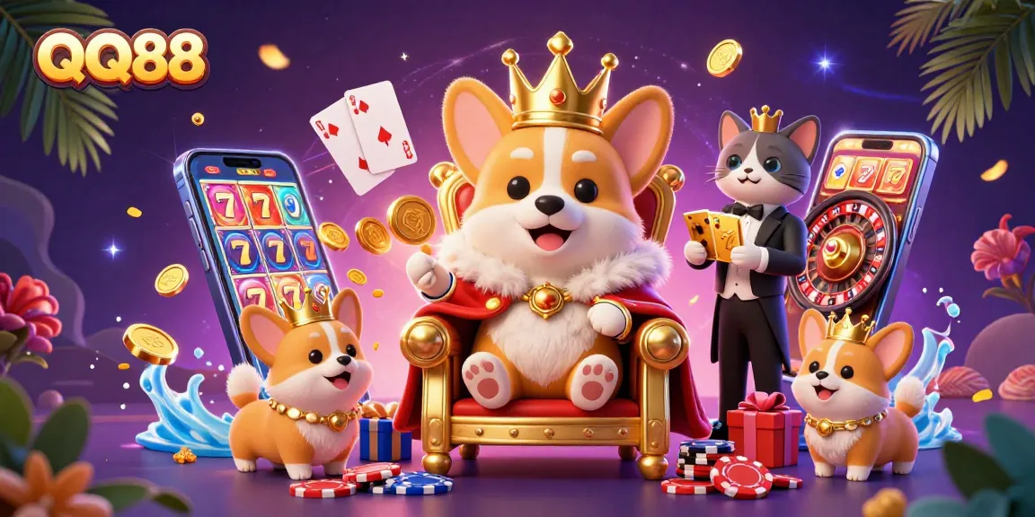 Engage with QQ88's thrilling gaming world featuring a royal corgi on poker chips, dynamic slot reels, and luxury.