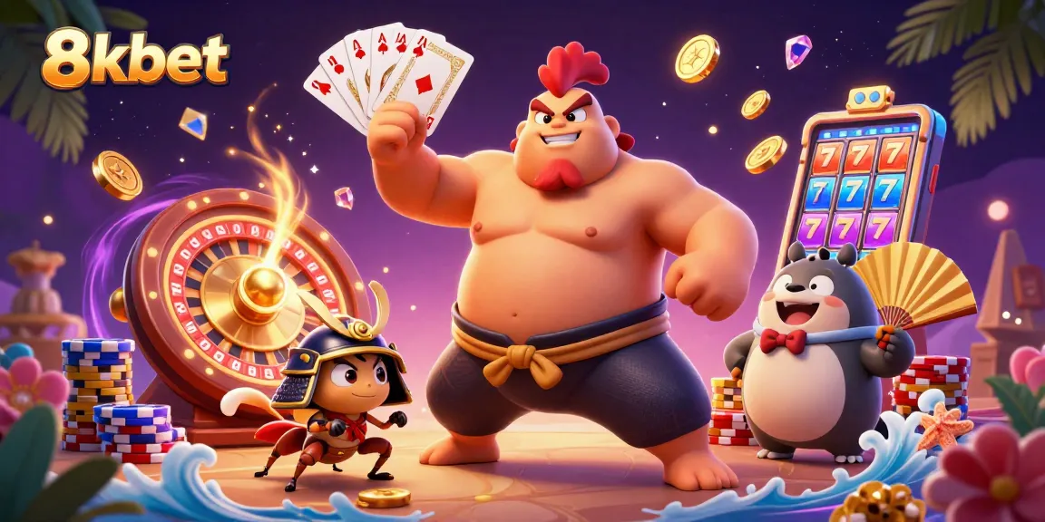 Experience thrilling moments with 8xbet as a sumo rooster battles a fierce samurai cricket in a colorful casino scene.