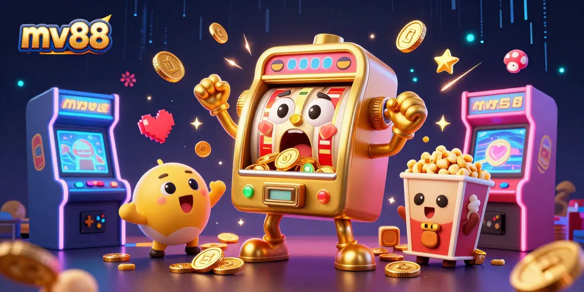 Experience excitement with mv88 as the golden slot machine celebrates a jackpot, overflowing with coins.