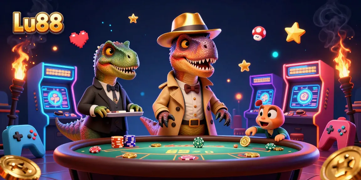 Lu88 offers thrilling gaming experiences with a velociraptor card counter at a vibrant casino scene.