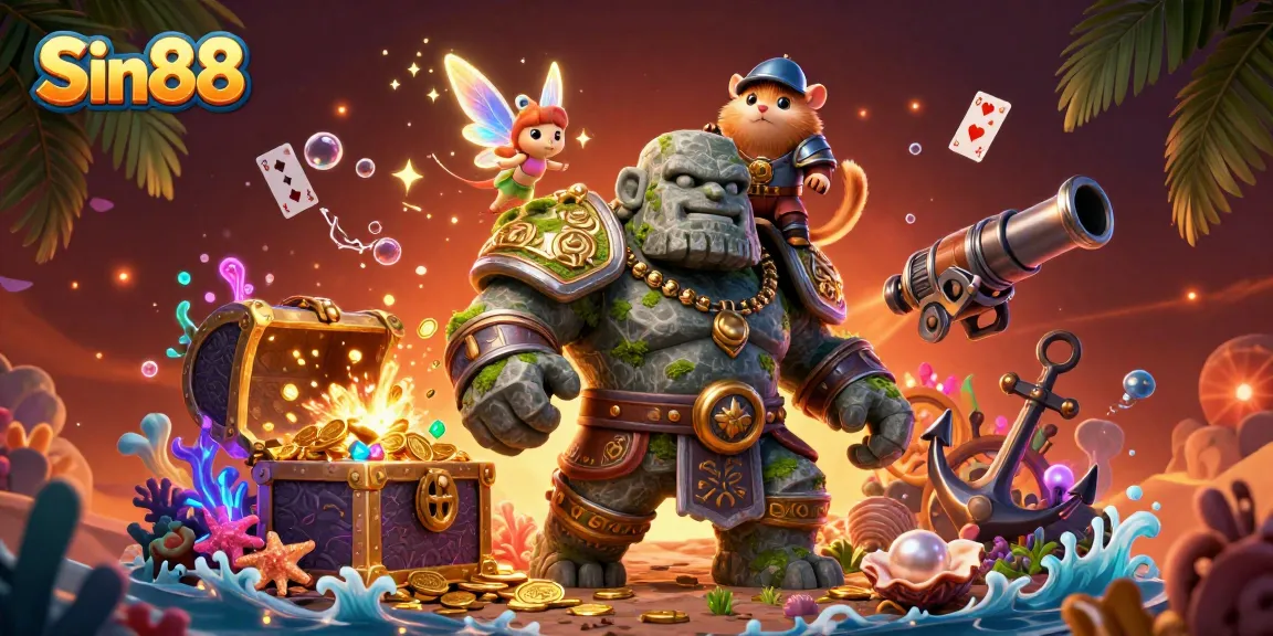 Experience thrilling gambling action with Sin88, as an ancient golem and magic fairy explore a vibrant casino world.