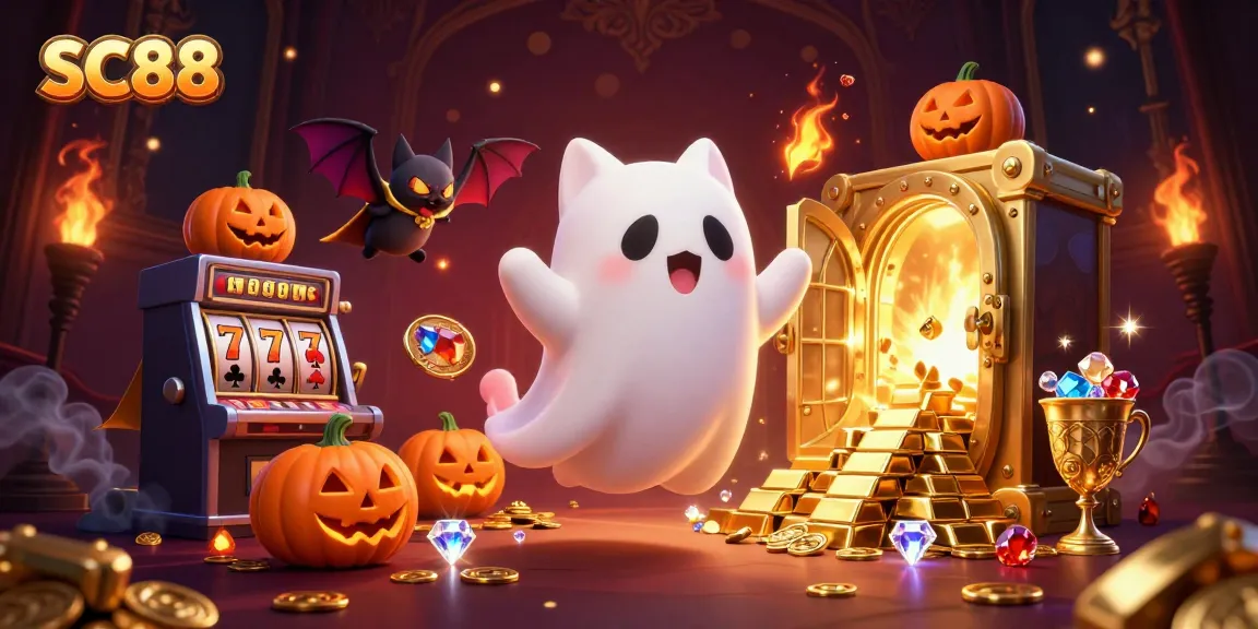 Engage in thrilling gaming at SC88 with a floating ghost cat in a vibrant haunted casino scene.