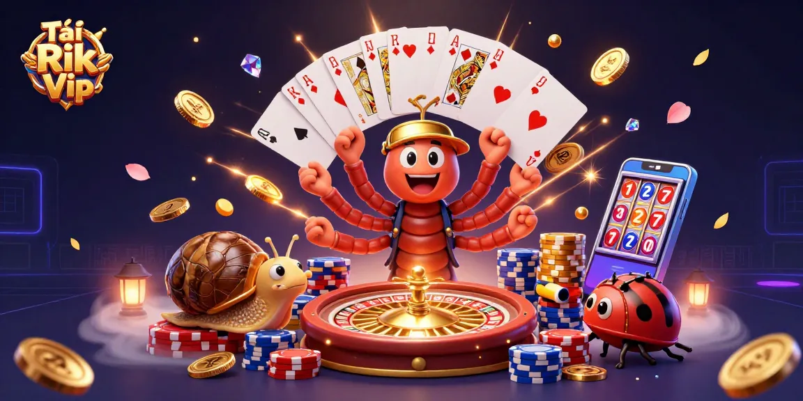 Tải Rik Vip with a lively 3D casino scene featuring a millipede dealer and exciting gameplay elements.