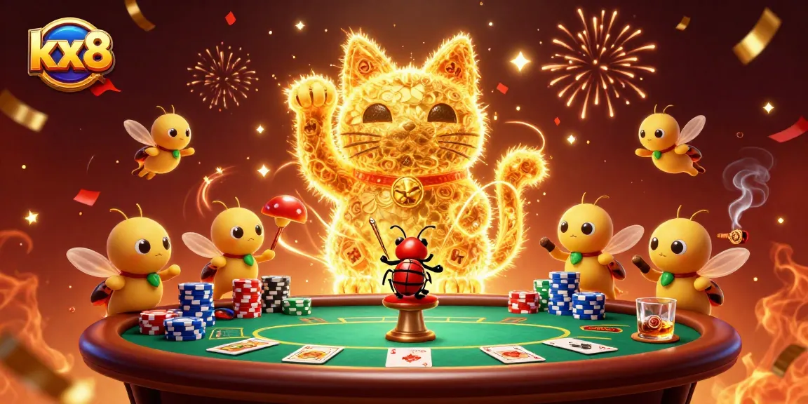 Engage with the vibrant kx8 gaming scene featuring a golden lucky cat amidst poker excitement.