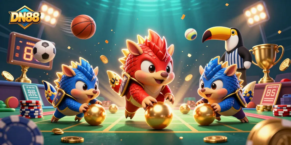 Join the excitement at DN88, where rival pangolins compete in a vibrant casino scene filled with golden prizes.