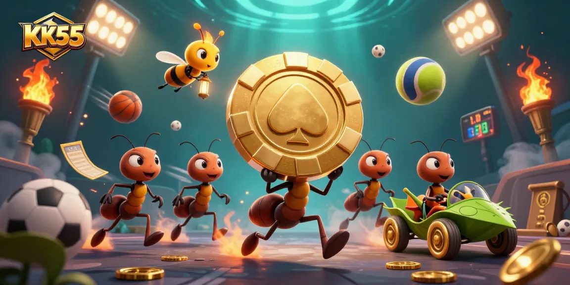 Join the adventurous ants at KK55 as they carry a giant poker chip through a dynamic casino scene.