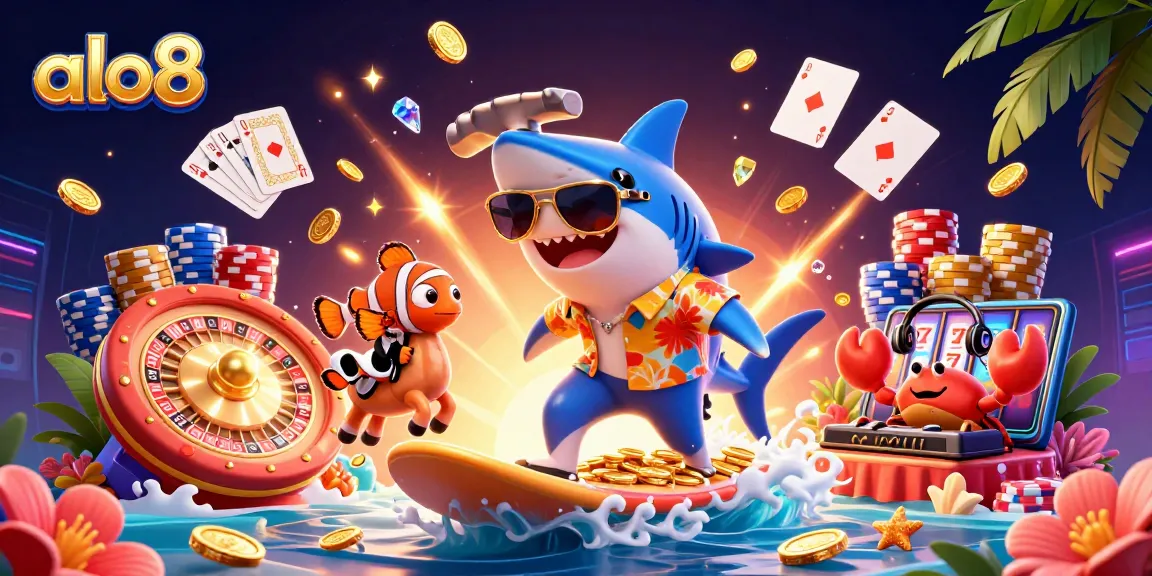 Alo8 gaming platform features a fun underwater scene with a hammer-head shark, clownfish, and crab DJ, celebrating wins.