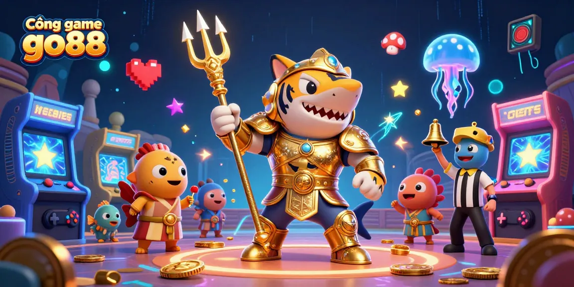 Cổng game go88 features a thrilling underwater arcade scene with a tiger shark in gladiator armor, representing a vibrant gaming experience.