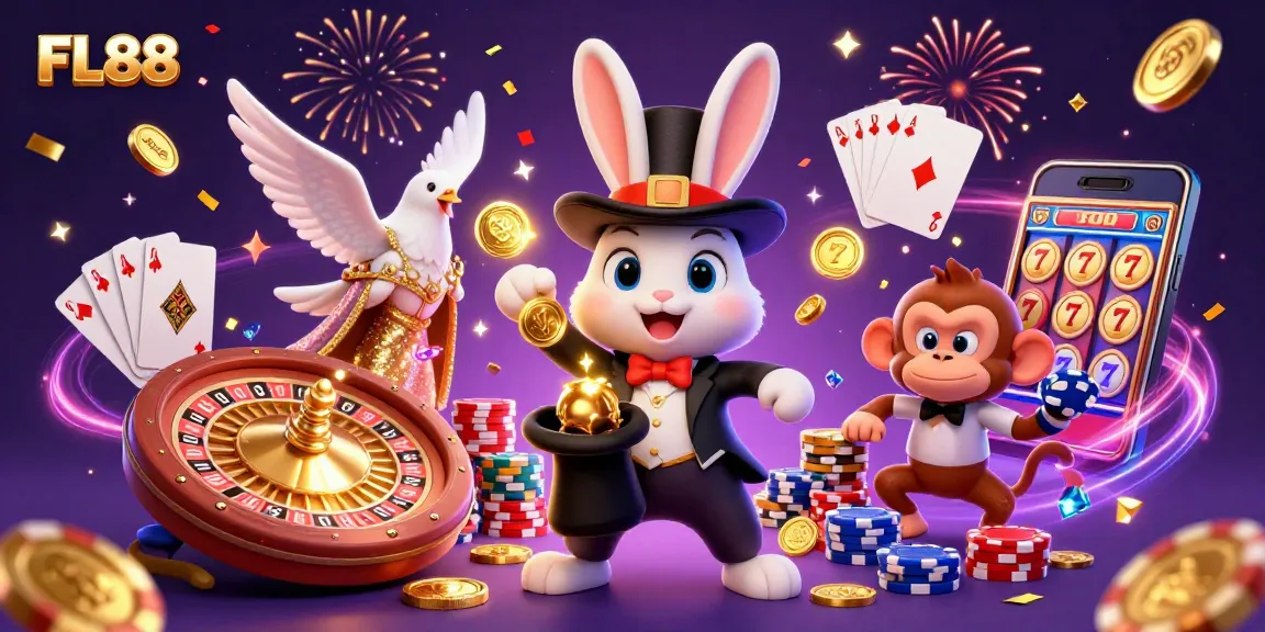 FL88 offers thrilling wins with a 3D illustration of a magician rabbit, spinning roulette, and sparkling gems.