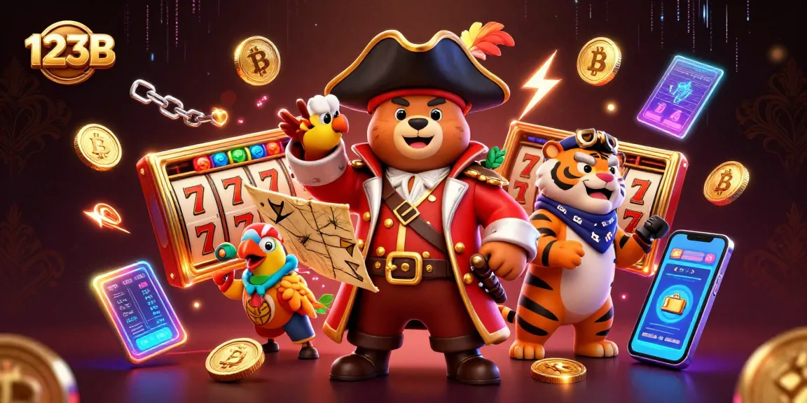 Win big at 123B with thrilling slot games, featuring vibrant characters and neon crypto elements.