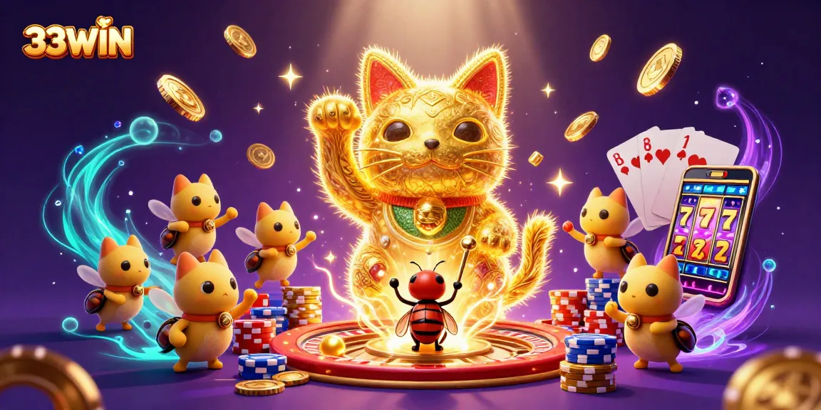 Experience thrilling luck at 33WIN with a giant lucky cat and colorful casino symbols!