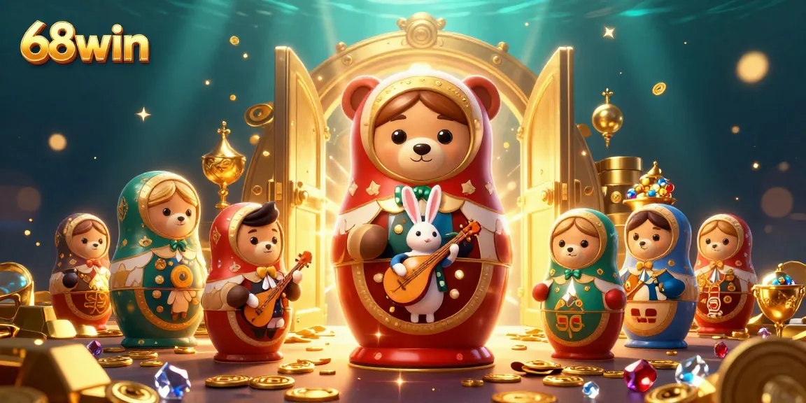 68win's immersive gaming atmosphere featuring a festive casino-themed scene with gold treasures and characters.