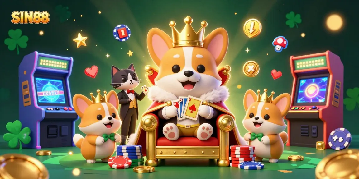 SIN88 showcases a royal corgi on a poker chip throne, surrounded by vibrant arcade games, emphasizing winning fun.
