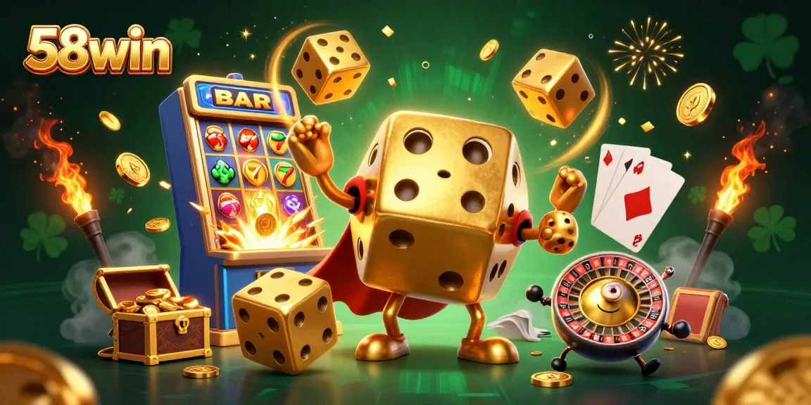 Engage with thrilling gameplay at 58win as golden dice characters juggle winning symbols in a vibrant casino scene.