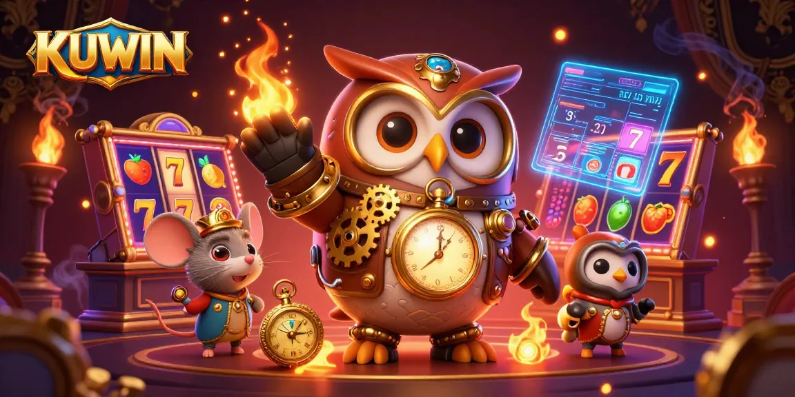 KUWIN players spinning slot reels in a vibrant casino atmosphere filled with lucky symbols and golden elements.