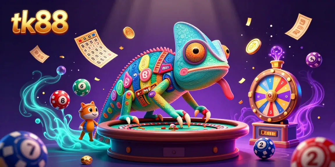 Experience exciting casino gameplay with tk88's unique chameleon character and vibrant game elements.