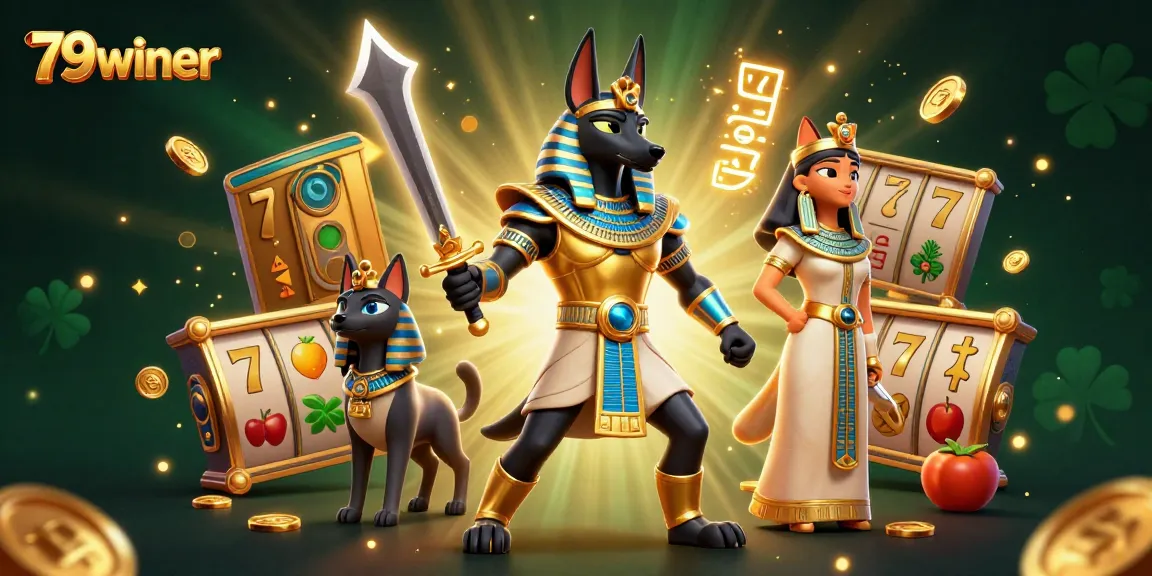 79winer showcases an engaging scene with Anubis and Bastet among dynamic slot game elements.