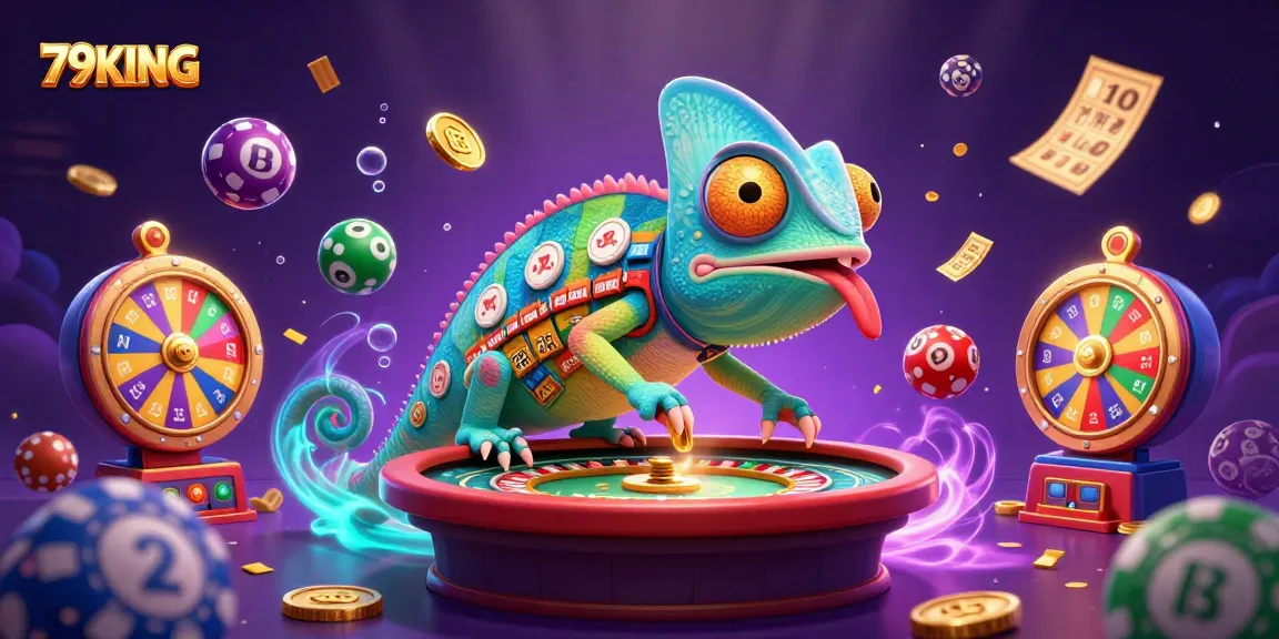 Engage with thrilling gaming at 79KING, where vibrant lottery balls and a chameleon casino owner bring action to life!