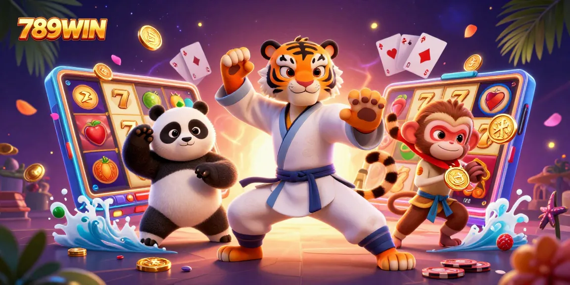 Spin slots and win with 789WIN's vibrant casino action, featuring kung fu tiger and playful characters.